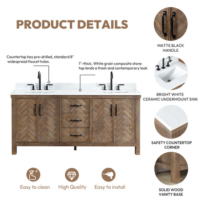Javier 72" Free-standing Double Bath Vanity in Spruce Antique Gray with White Grain Composite Stone Top