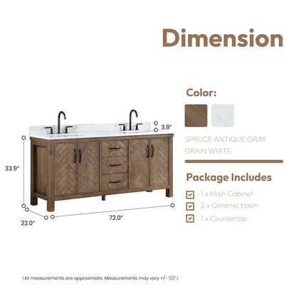 Javier 72" Free-standing Double Bath Vanity in Spruce Antique Gray with White Grain Composite Stone Top
