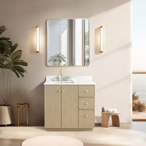 Oza 36" Free-standing Single Bath Vanity in Aged Natural Oak with Fish Maw White Quartz Stone Top