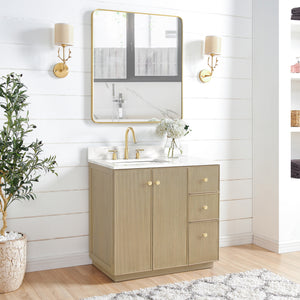 Oza 36" Free-standing Single Bath Vanity in Aged Natural Oak with Fish Maw White Quartz Stone Top