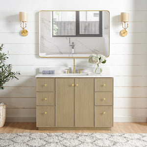 Open image in slideshow, Oza 48&quot; Free-standing Single Bath Vanity in Aged Natural Oak with Fish Maw White Quartz Stone Top
