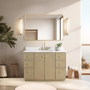 Oza 48" Free-standing Single Bath Vanity in Aged Natural Oak with Fish Maw White Quartz Stone Top