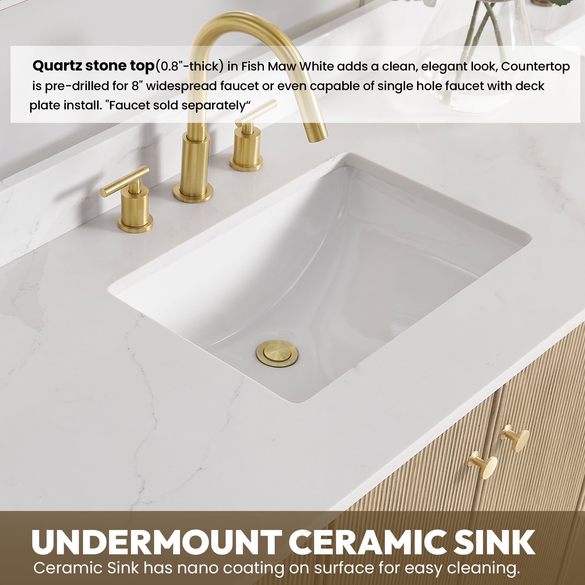 Oza 48" Free-standing Single Bath Vanity in Aged Natural Oak with Fish Maw White Quartz Stone Top