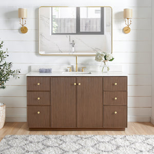 Open image in slideshow, Oza 60&quot; Free-standing Single Bath Vanity in Aged Dark Brown Oak with Fish Maw White Quartz Stone Top
