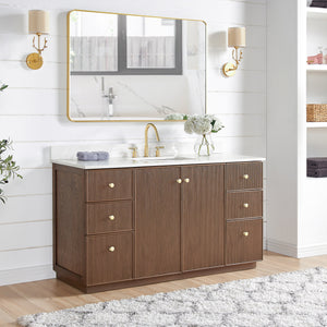 Oza 60" Free-standing Single Bath Vanity in Aged Dark Brown Oak with Fish Maw White Quartz Stone Top