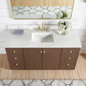 Oza 60" Free-standing Single Bath Vanity in Aged Dark Brown Oak with Fish Maw White Quartz Stone Top