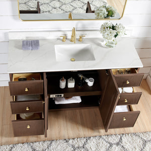 Oza 60" Free-standing Single Bath Vanity in Aged Dark Brown Oak with Fish Maw White Quartz Stone Top