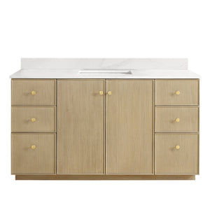 Open image in slideshow, Oza 60&quot; Free-standing Single Bath Vanity in Aged Natural Oak with Fish Maw White Quartz Stone Top
