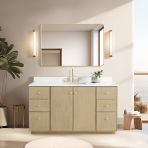 Oza 60" Free-standing Single Bath Vanity in Aged Natural Oak with Fish Maw White Quartz Stone Top