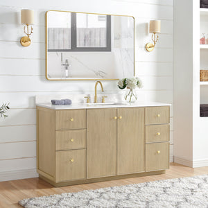 Oza 60" Free-standing Single Bath Vanity in Aged Natural Oak with Fish Maw White Quartz Stone Top