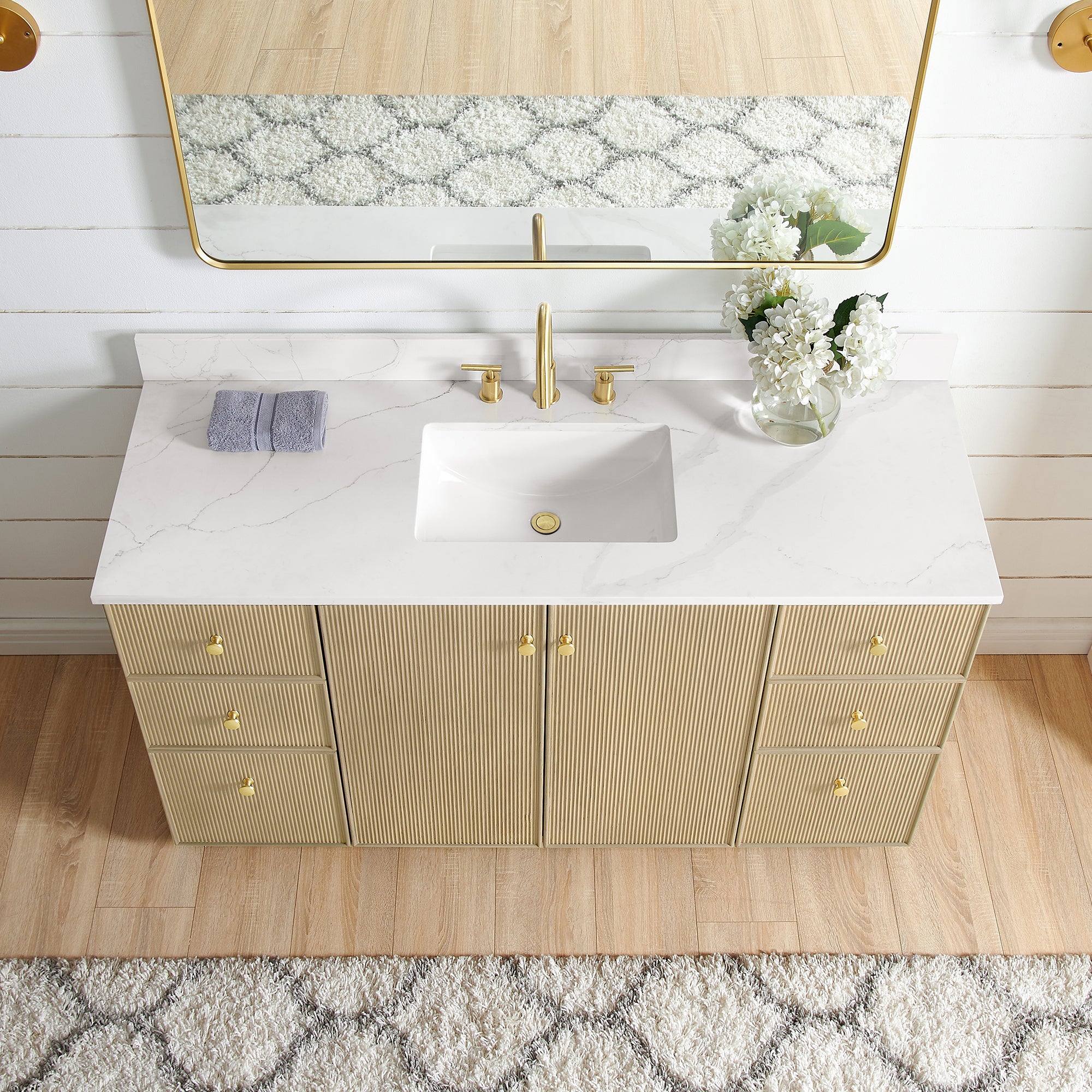 Oza 60" Free-standing Single Bath Vanity in Aged Natural Oak with Fish Maw White Quartz Stone Top