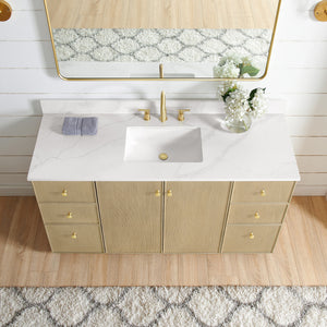 Oza 60" Free-standing Single Bath Vanity in Aged Natural Oak with Fish Maw White Quartz Stone Top