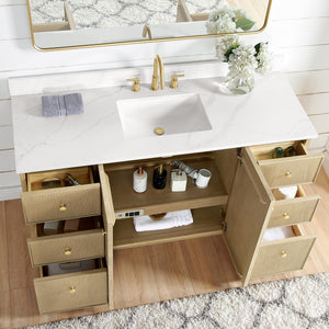 Oza 60" Free-standing Single Bath Vanity in Aged Natural Oak with Fish Maw White Quartz Stone Top