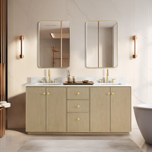 Oza 72" Free-standing Double Bath Vanity in Aged Natural Oak with Fish Maw White Quartz Stone Top