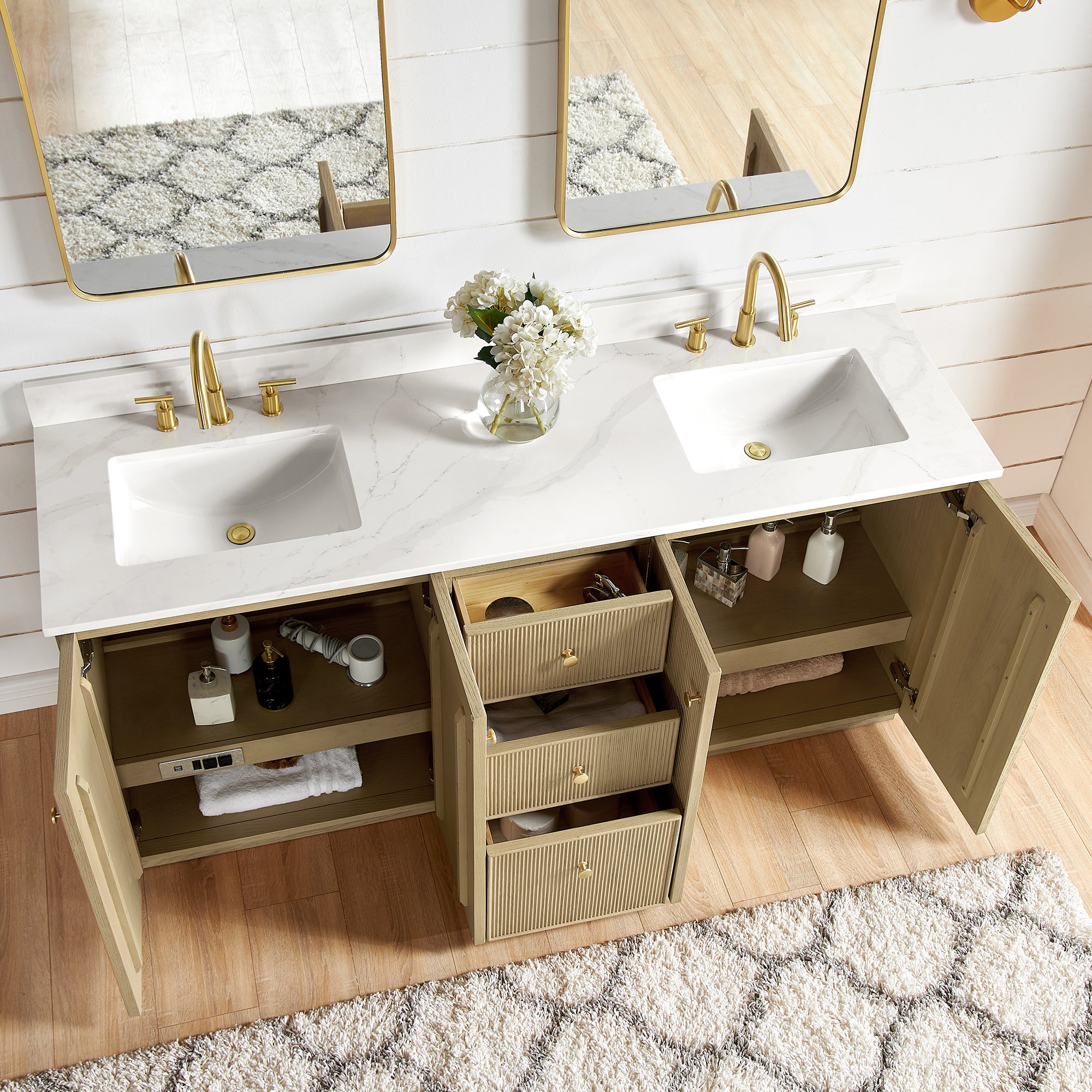 Oza 72" Free-standing Double Bath Vanity in Aged Natural Oak with Fish Maw White Quartz Stone Top