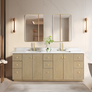 Oza 84" Free-standing Double Bath Vanity in Aged Natural Oak with Fish Maw White Quartz Stone Top