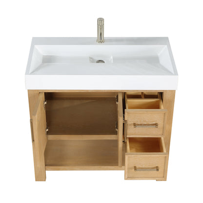 Vera 36" Free-standing Single Bath Vanity in Washed Ash Grey with White Integrated Stone Sink Top