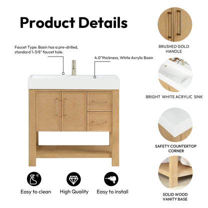 Vera 36" Free-standing Single Bath Vanity in Washed Ash Grey with White Integrated Stone Sink Top