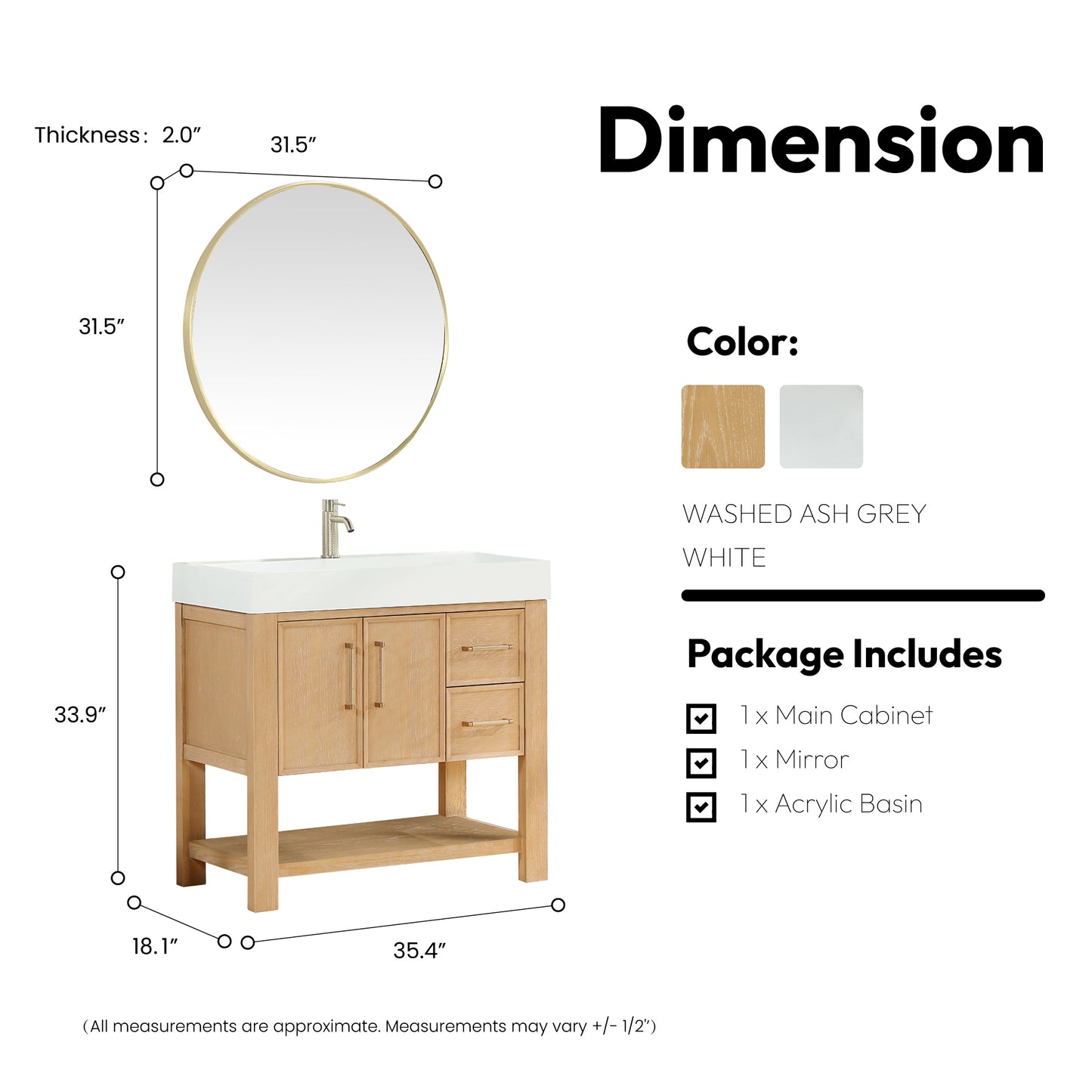 Vera 36" Free-standing Single Bath Vanity in Washed Ash Grey with White Integrated Stone Sink Top