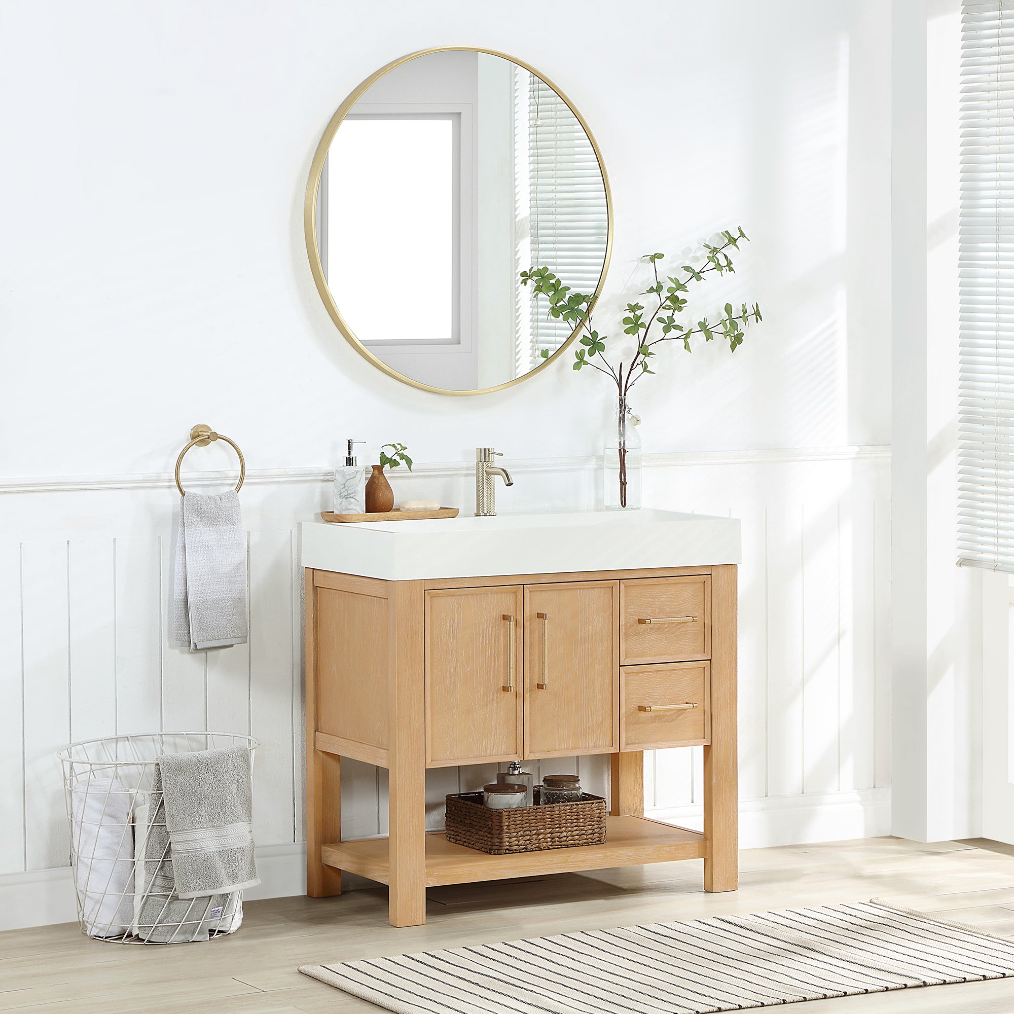 Vera 36" Free-standing Single Bath Vanity in Washed Ash Grey with White Integrated Stone Sink Top