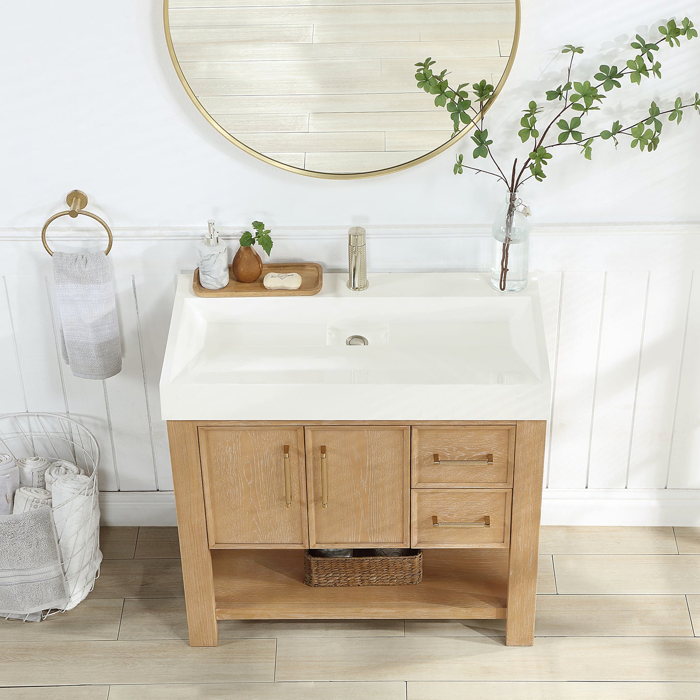 Vera 36" Free-standing Single Bath Vanity in Washed Ash Grey with White Integrated Stone Sink Top