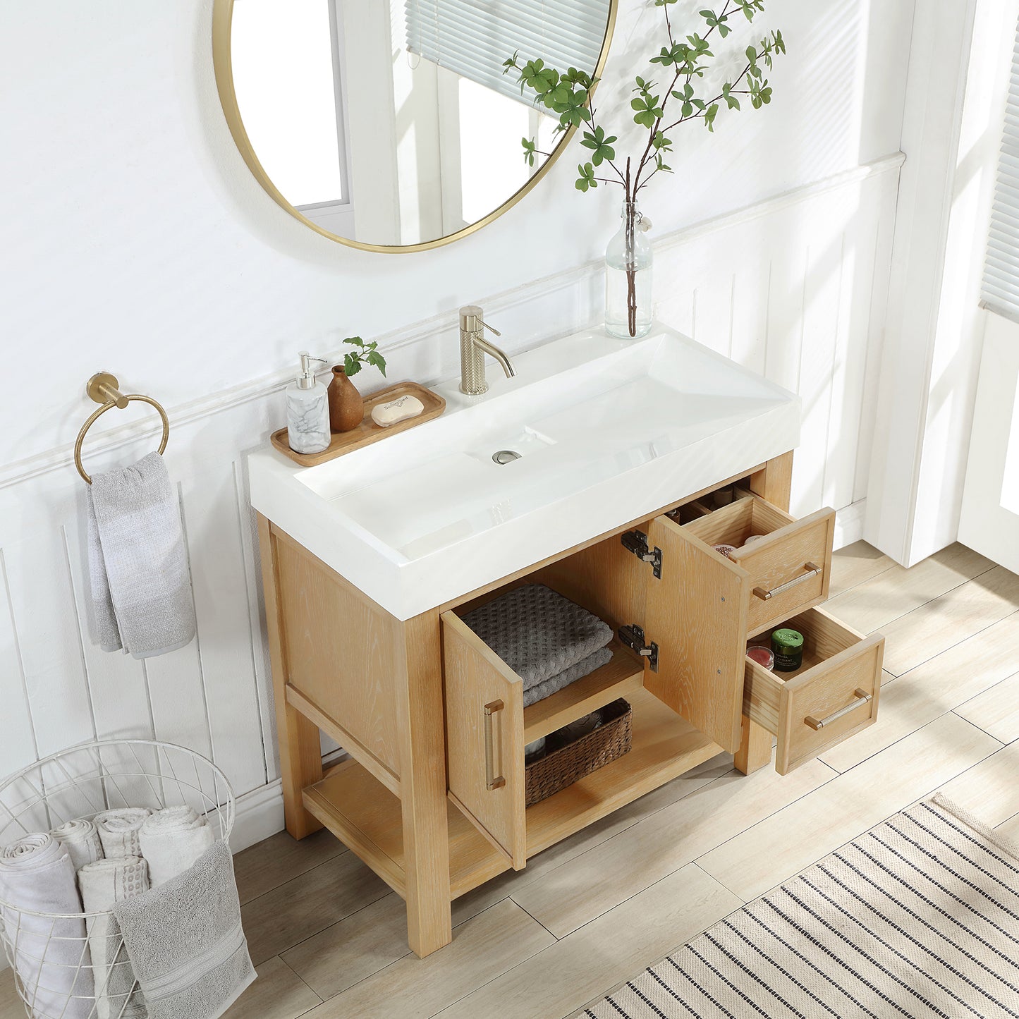 Vera 36" Free-standing Single Bath Vanity in Washed Ash Grey with White Integrated Stone Sink Top