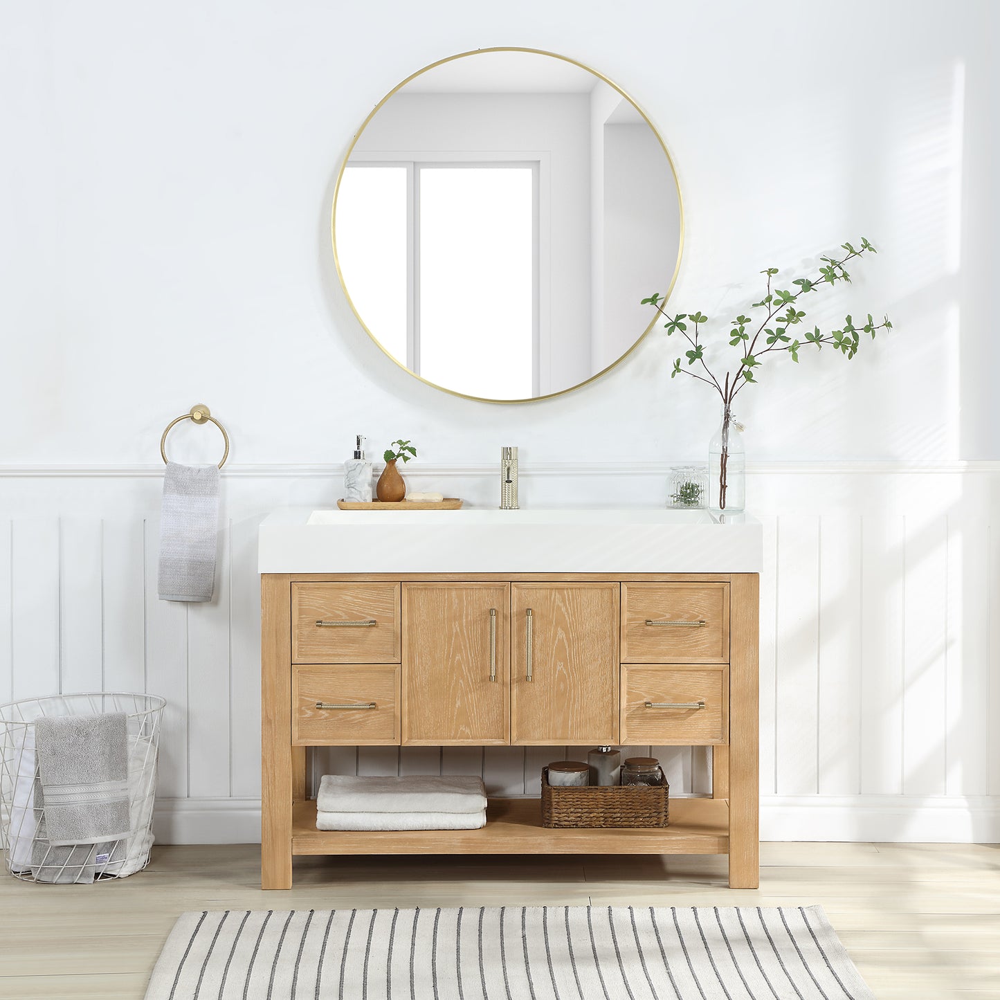Vera 48" Free-standing Single Bath Vanity in Washed Ash Grey with White Integrated Stone Sink Top