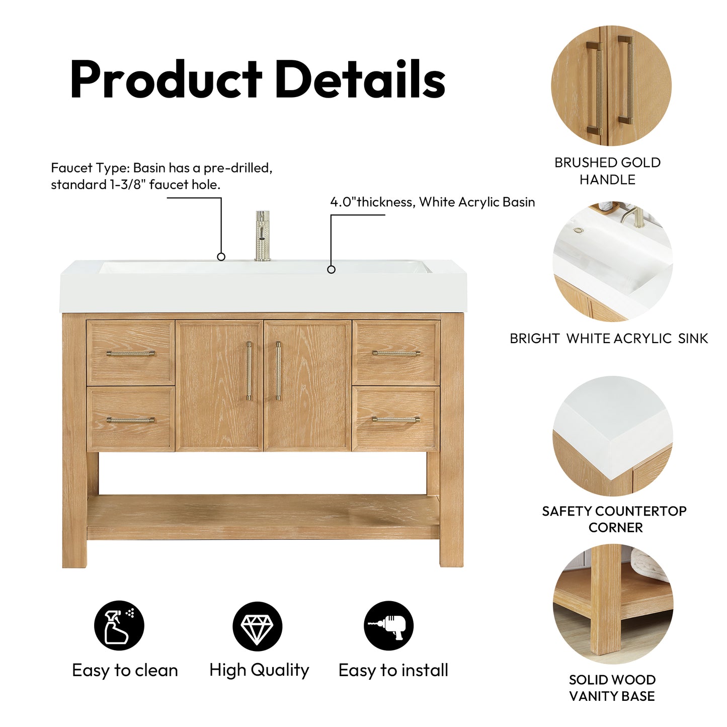 Vera 48" Free-standing Single Bath Vanity in Washed Ash Grey with White Integrated Stone Sink Top