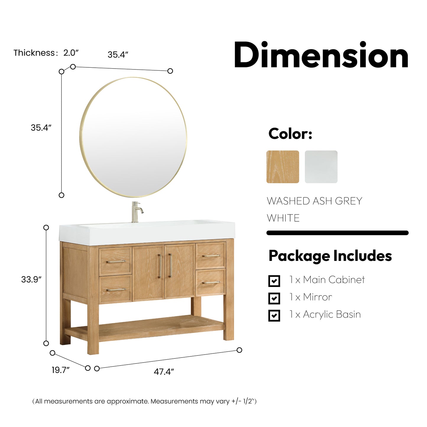 Vera 48" Free-standing Single Bath Vanity in Washed Ash Grey with White Integrated Stone Sink Top