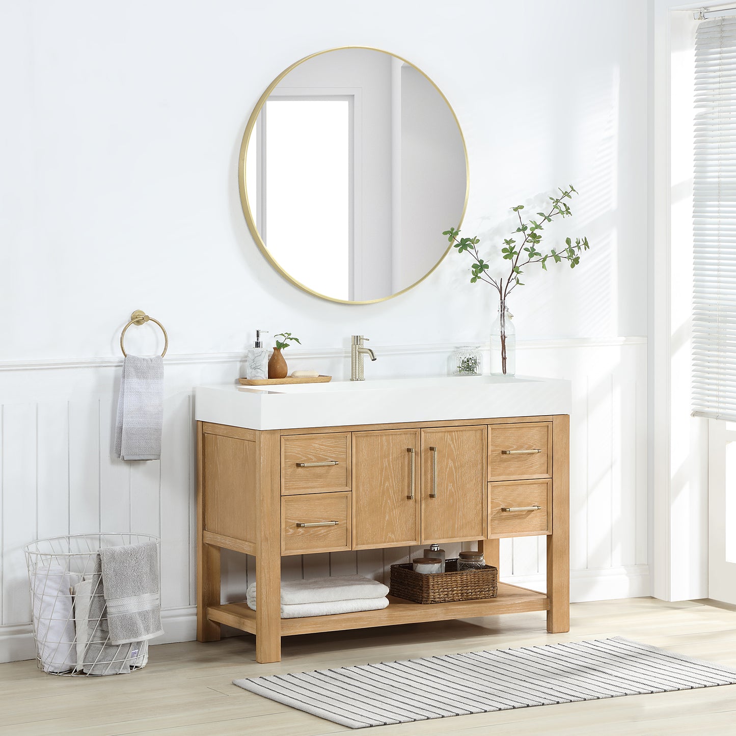 Vera 48" Free-standing Single Bath Vanity in Washed Ash Grey with White Integrated Stone Sink Top