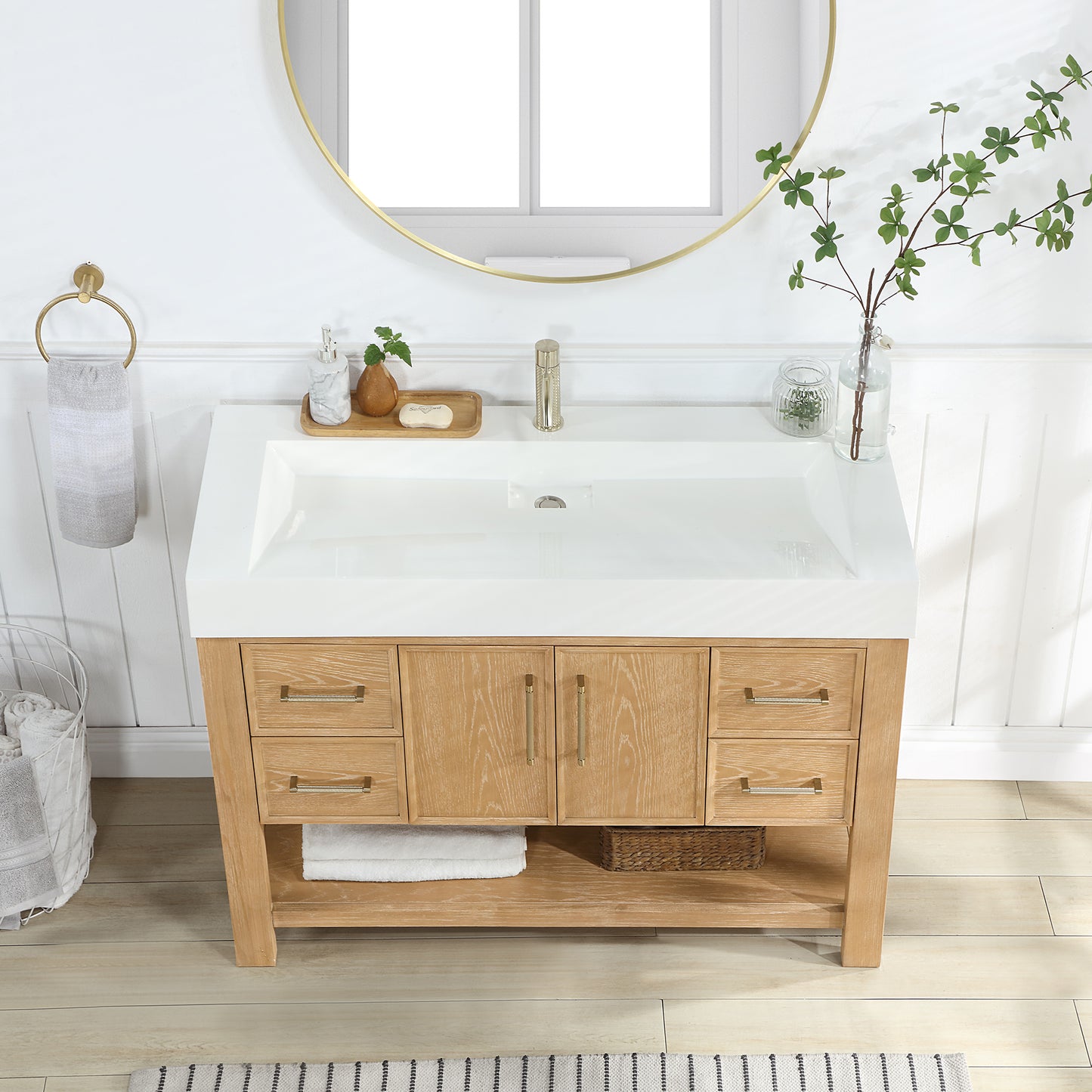 Vera 48" Free-standing Single Bath Vanity in Washed Ash Grey with White Integrated Stone Sink Top