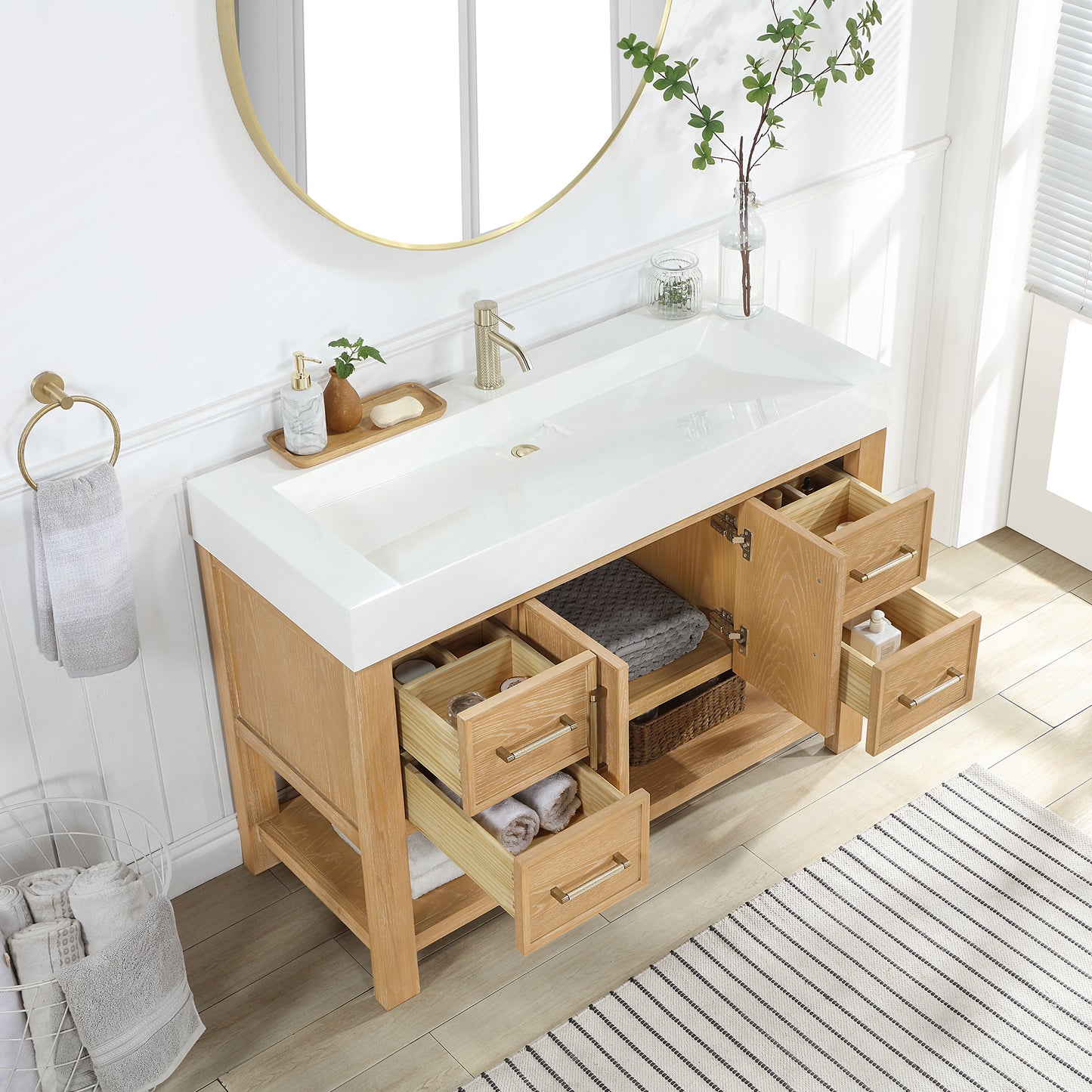 Vera 48" Free-standing Single Bath Vanity in Washed Ash Grey with White Integrated Stone Sink Top
