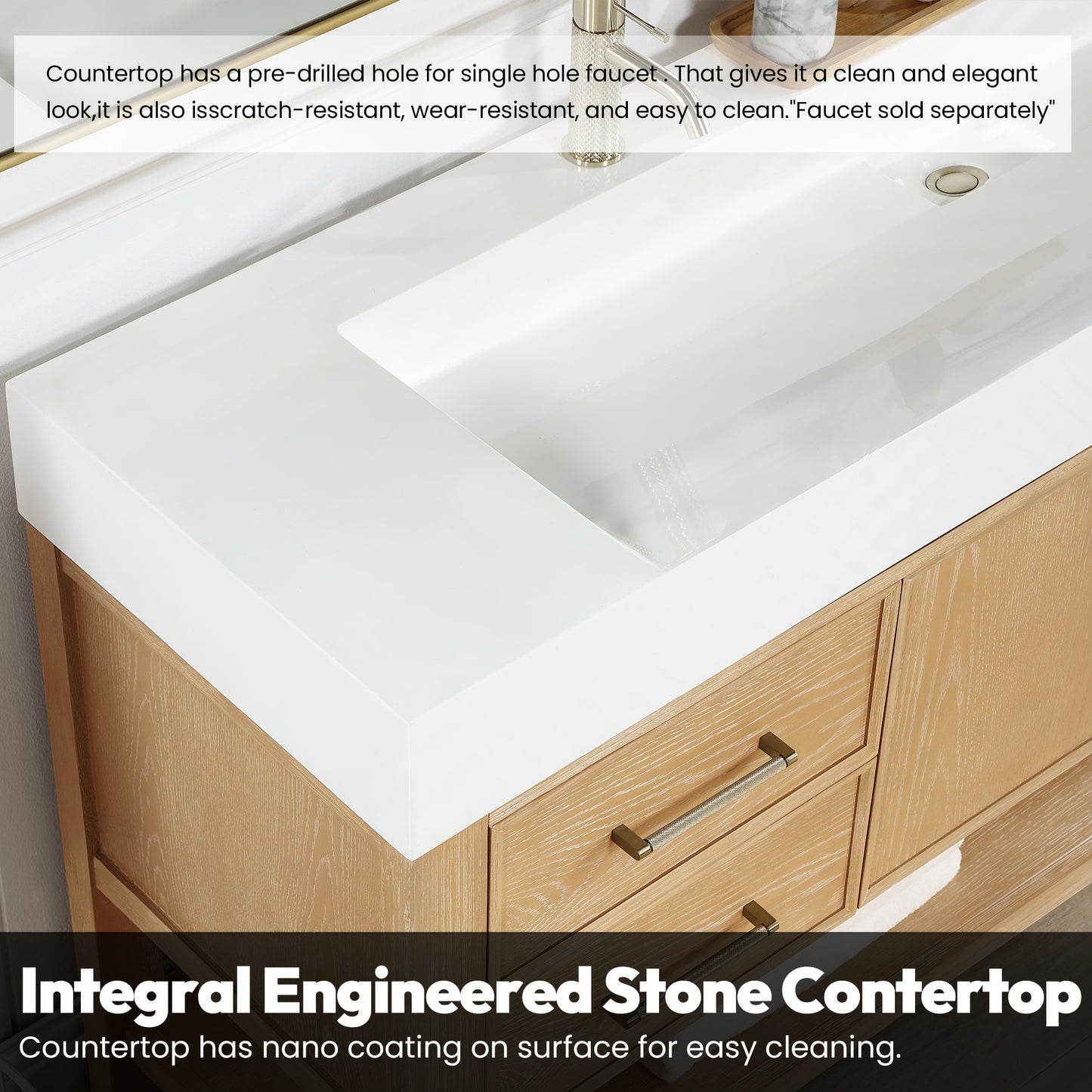 Vera 48" Free-standing Single Bath Vanity in Washed Ash Grey with White Integrated Stone Sink Top