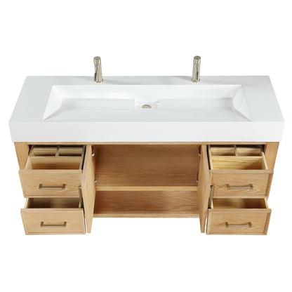 Vera 60" Free-standing Single Bath Vanity in Washed Ash Grey with White Integrated Stone Sink Top