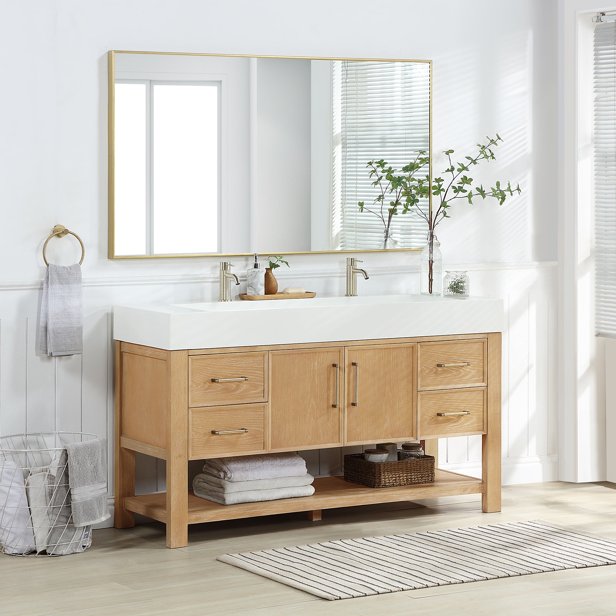 Vera 60" Free-standing Single Bath Vanity in Washed Ash Grey with White Integrated Stone Sink Top