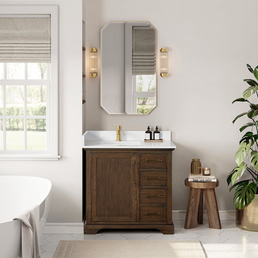 Tokyo 36" Freestanding Single Bath Vanity in Aged Dark Brown Oak with Silk White Quartz Stone Top
