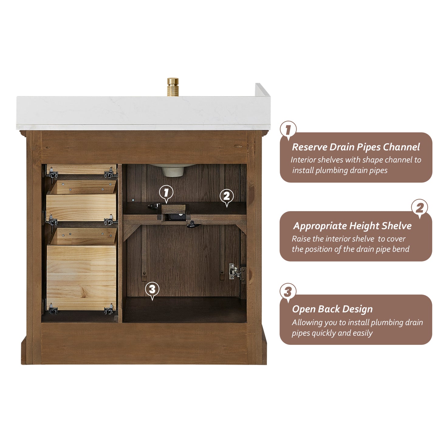 Tokyo 36" Freestanding Single Bath Vanity in Aged Dark Brown Oak with Silk White Quartz Stone Top