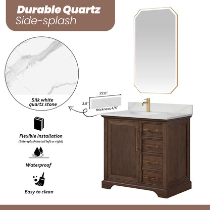 Tokyo 36" Freestanding Single Bath Vanity in Aged Dark Brown Oak with Silk White Quartz Stone Top