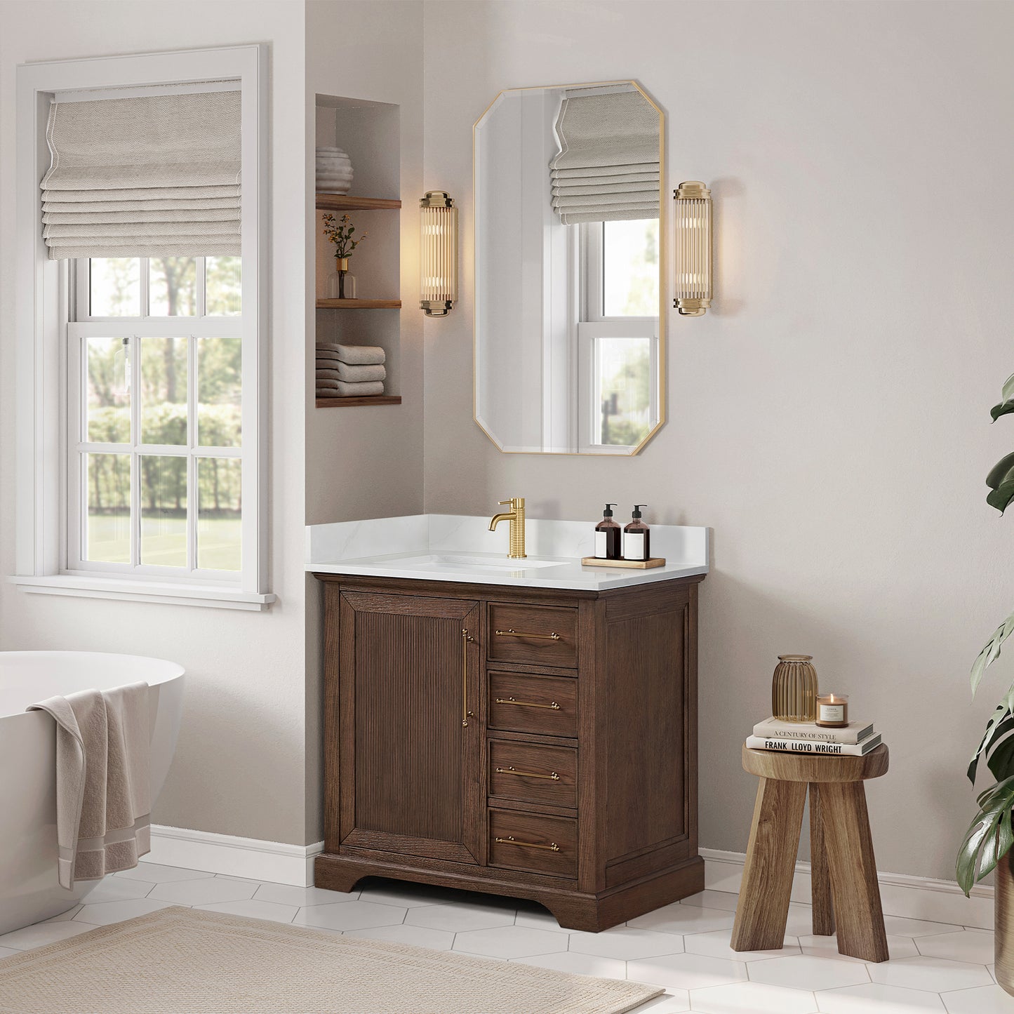 Tokyo 36" Freestanding Single Bath Vanity in Aged Dark Brown Oak with Silk White Quartz Stone Top