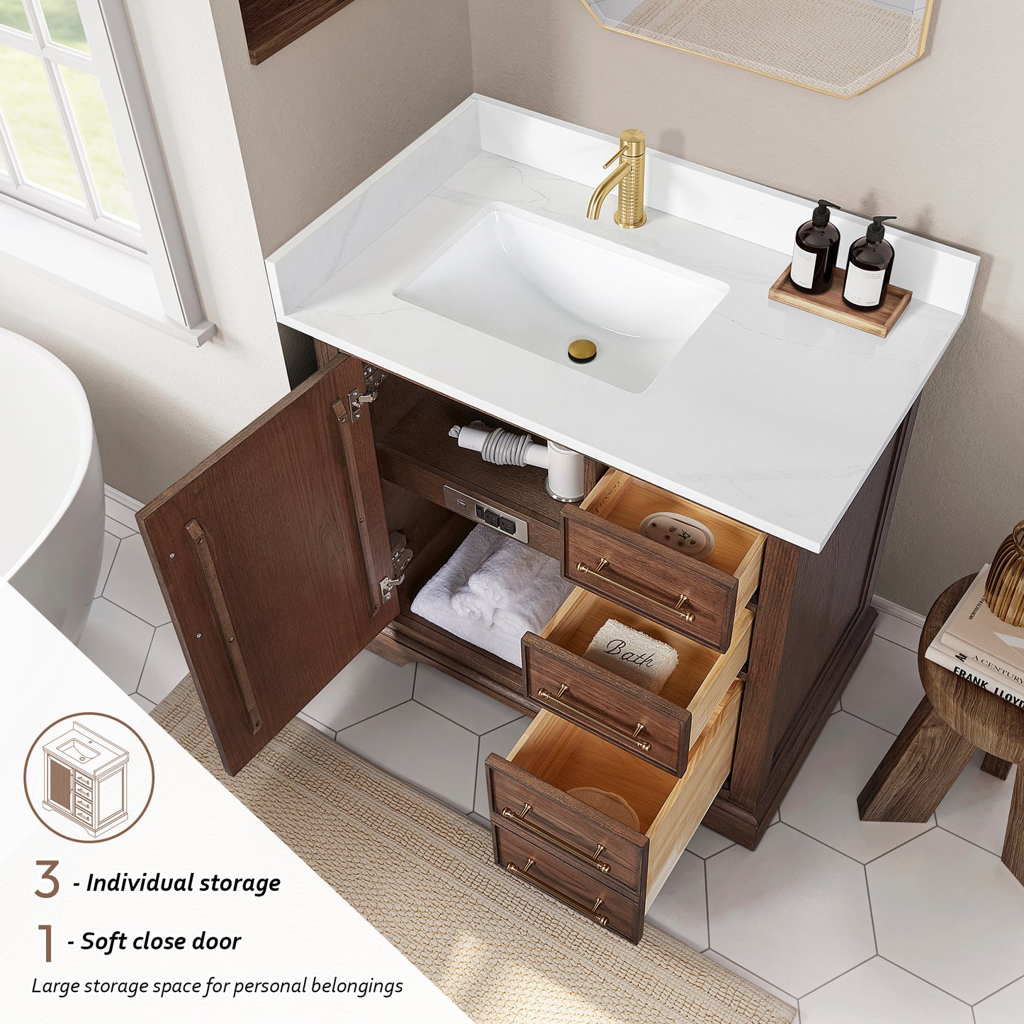 Tokyo 36" Freestanding Single Bath Vanity in Aged Dark Brown Oak with Silk White Quartz Stone Top