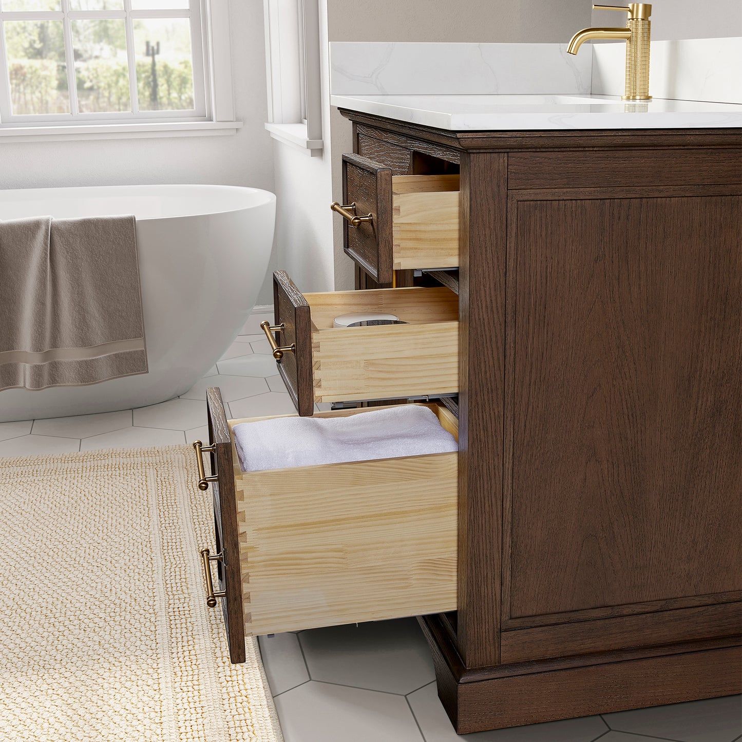 Tokyo 60" Freestanding Single Bath Vanity in Aged Dark Brown Oak with Silk White Quartz Stone Top