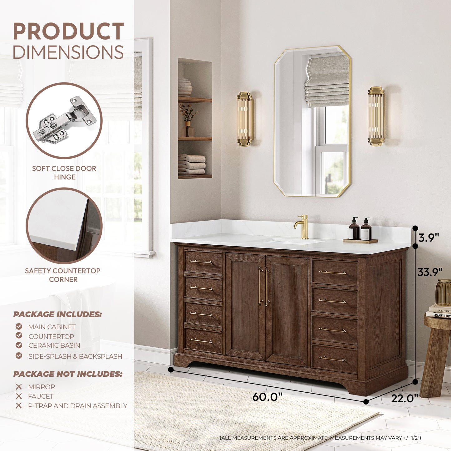 Tokyo 60" Freestanding Single Bath Vanity in Aged Dark Brown Oak with Silk White Quartz Stone Top