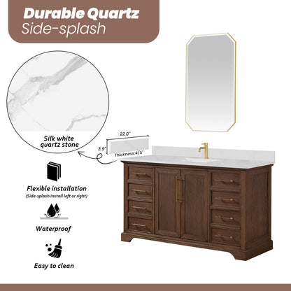 Tokyo 60" Freestanding Single Bath Vanity in Aged Dark Brown Oak with Silk White Quartz Stone Top