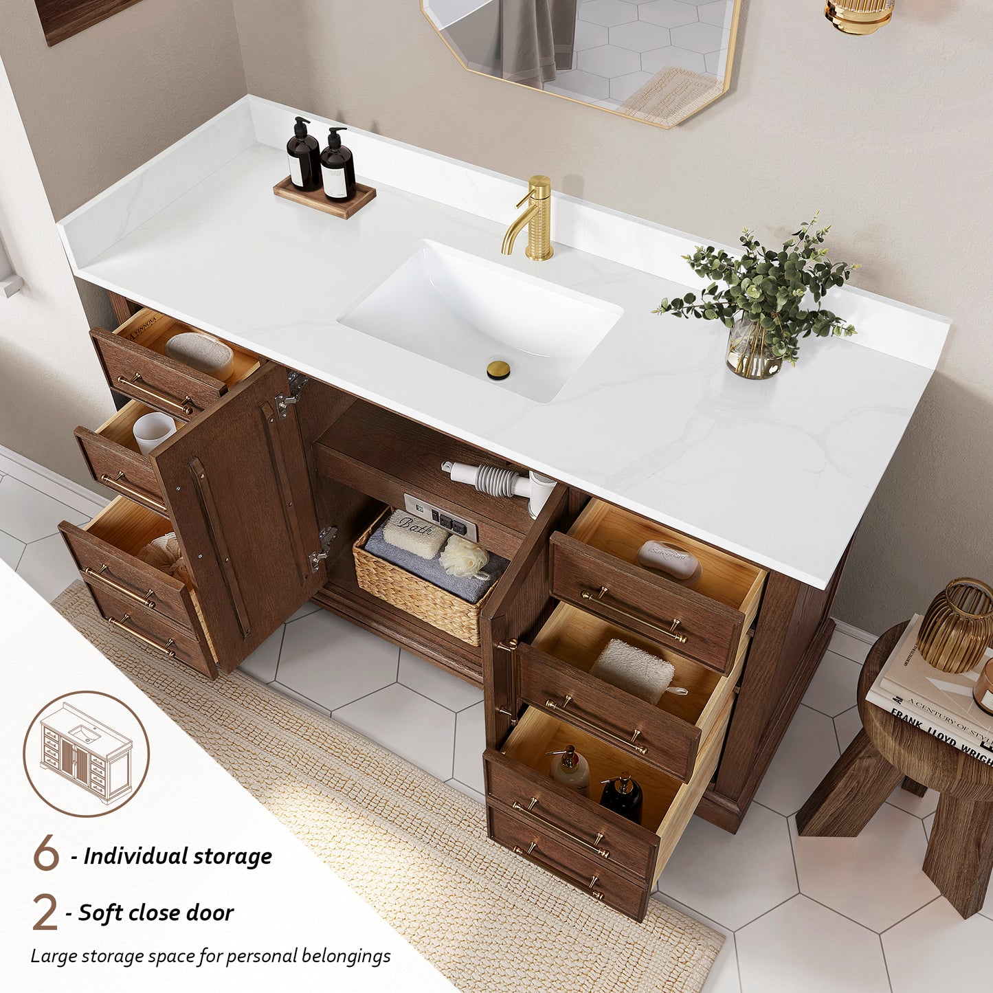 Tokyo 60" Freestanding Single Bath Vanity in Aged Dark Brown Oak with Silk White Quartz Stone Top