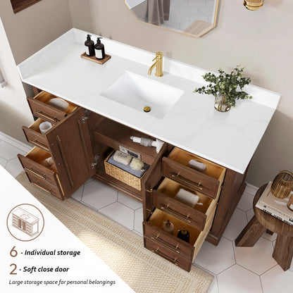 Tokyo 60" Freestanding Single Bath Vanity in Aged Dark Brown Oak with Silk White Quartz Stone Top