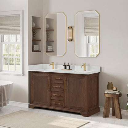 Tokyo 60M" Freestanding Double Bath Vanity in Aged Dark Brown Oak with Silk White Quartz Stone Top