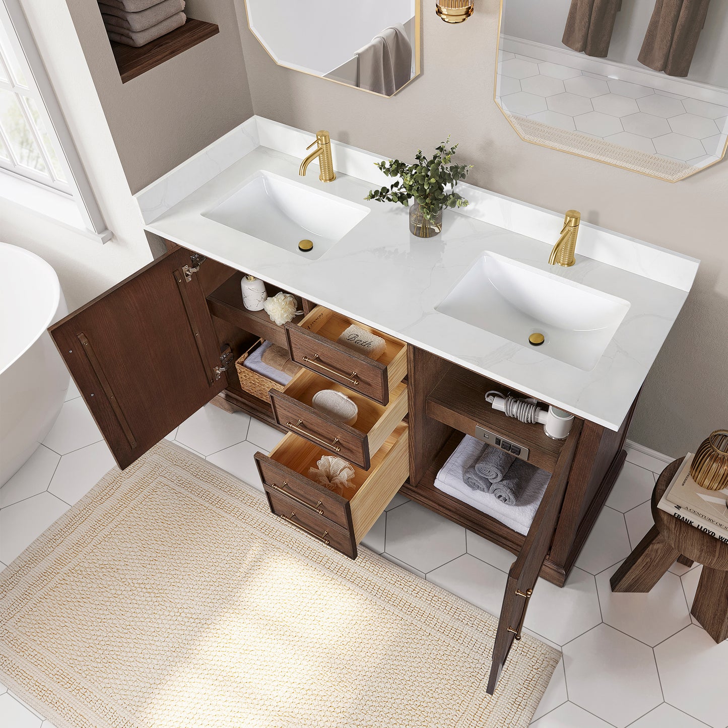 Tokyo 60M" Freestanding Double Bath Vanity in Aged Dark Brown Oak with Silk White Quartz Stone Top