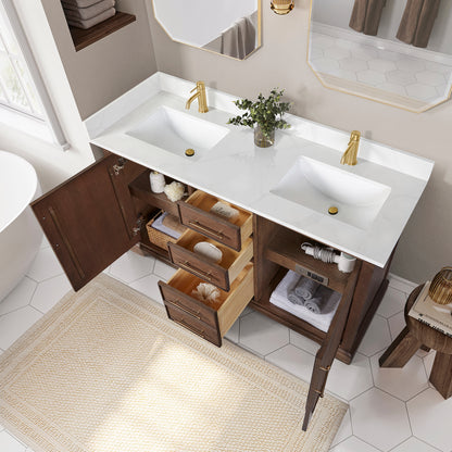Tokyo 60M" Freestanding Double Bath Vanity in Aged Dark Brown Oak with Silk White Quartz Stone Top
