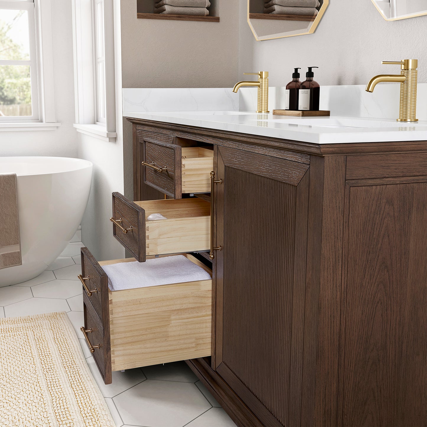 Tokyo 72" Freestanding Double Bath Vanity in Aged Dark Brown Oak with Silk White Quartz Stone Top
