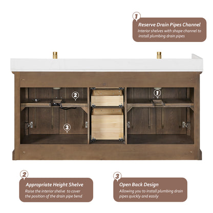 Tokyo 72" Freestanding Double Bath Vanity in Aged Dark Brown Oak with Silk White Quartz Stone Top